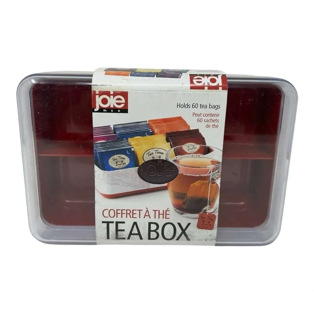 Joie MSC Red Tea Box Organizer Holds 60 Tea Bags Clear Lid BPA Free Plastic